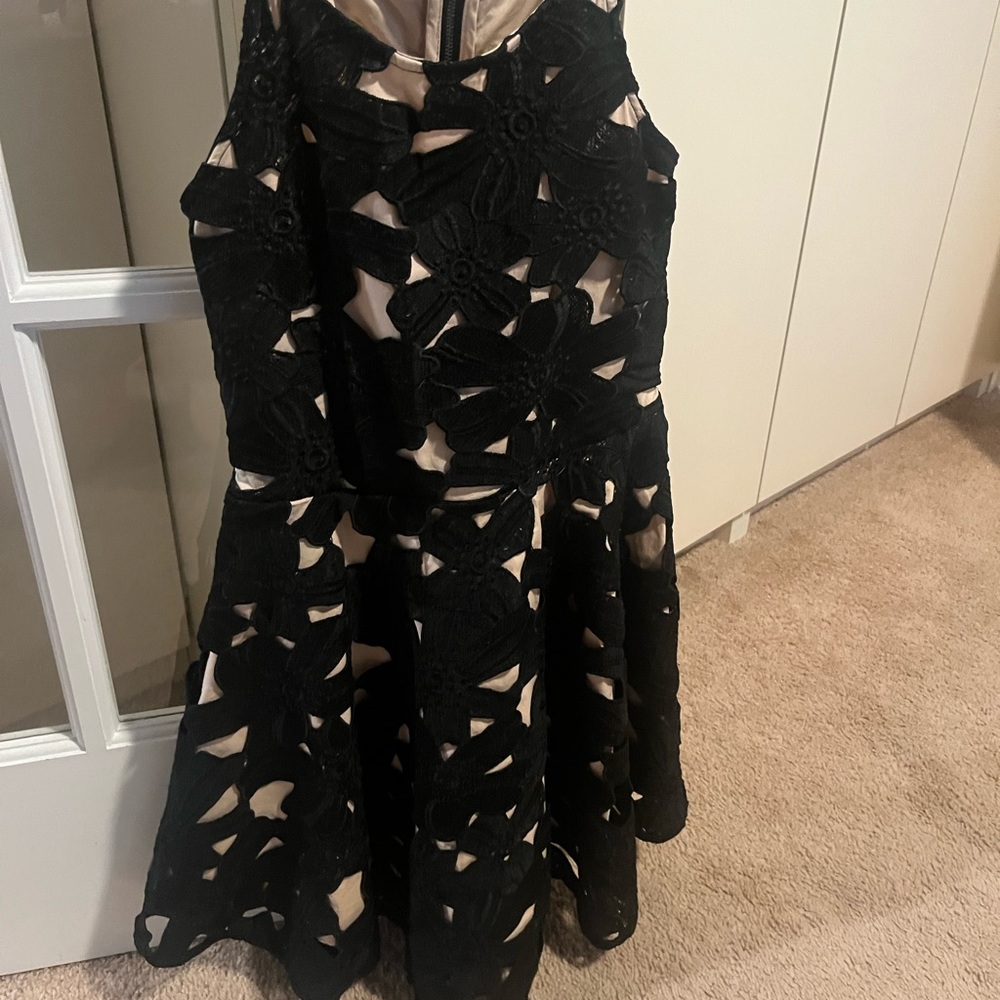 Girls party dress 12 miss Behave 
Nude base with black lace overlay.